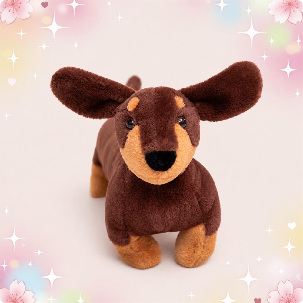 Une peluche chien Teckel tout en longueur marron et beige, avec de grandes oreilles et un petit museau noir, posée sur un fond rose clair décoré d’étoiles et de fleurs.