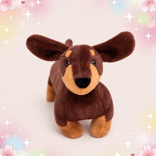 Une peluche chien Teckel tout en longueur marron et beige, avec de grandes oreilles et un petit museau noir, posée sur un fond rose clair décoré d’étoiles et de fleurs.