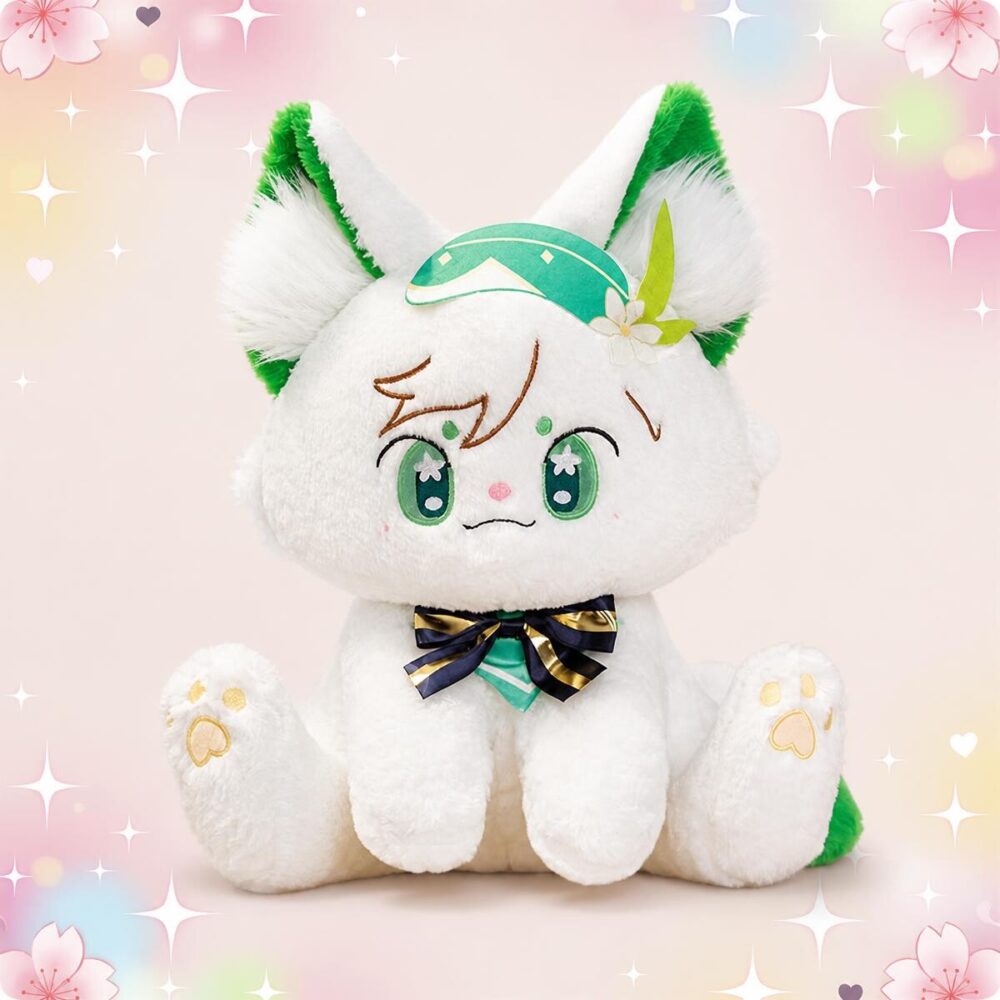 Une peluche Genshin Venti version chat blanche et verte, avec de grandes oreilles, de jolis yeux, un petit nœud au cou et un fond rose décoré d’étoiles.