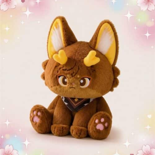 Une peluche Genshin Zhongli version chat marron, avec grandes oreilles, petites cornes jaunes et yeux brodés, assise sur un fond rose décoré d’étoiles et de fleurs.