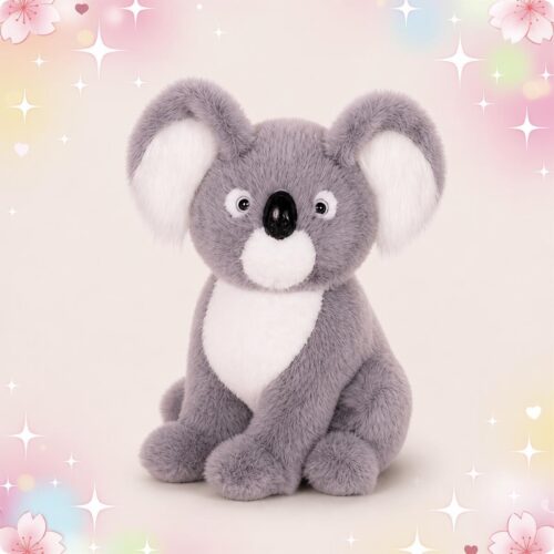 Une peluche Koala assis au ventre blanc et nez noir, grise et toute douce, posée seule sur un fond pastel avec des fleurs et des étoiles.
