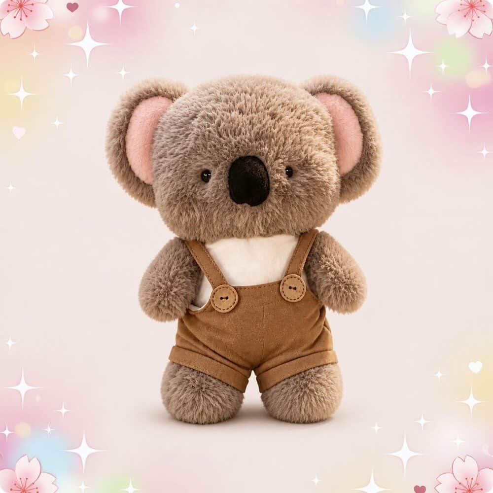 Une peluche Koala Marron en Salopette à Boutons en Bois, toute douce, avec de grandes oreilles roses et une petite salopette marron, sur un fond pastel décoré de cœurs et d’étoiles.
