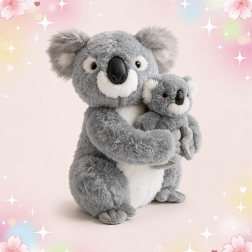 Une peluche Koala mère tenant son bébé dans les bras, toute douce et grise, sur un fond rose avec des petites étoiles brillantes.