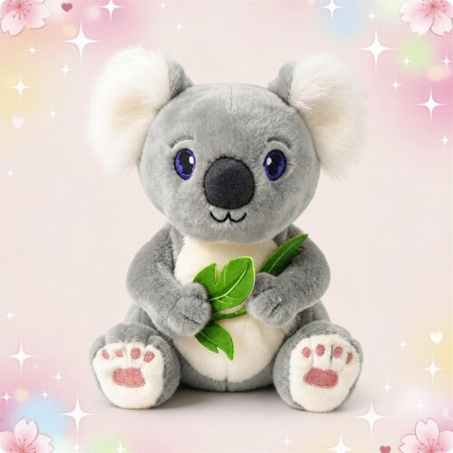 Une peluche koala style dessin animé kawaii tenant une feuille verte, avec de grandes oreilles moelleuses et un fond rose décoré d’étoiles et de fleurs.