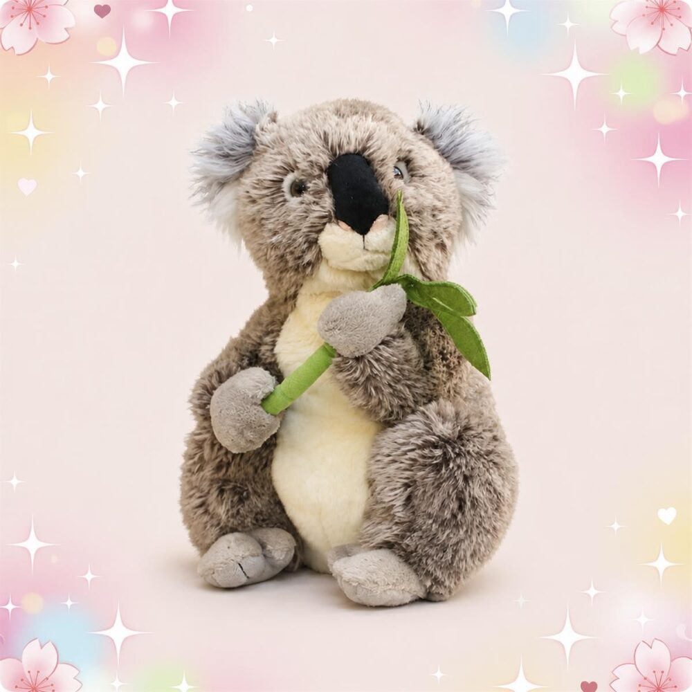 Une peluche Koala tenant une feuille eucalyptus dans les pattes, assise sur un fond rose doux avec des étoiles et des fleurs.