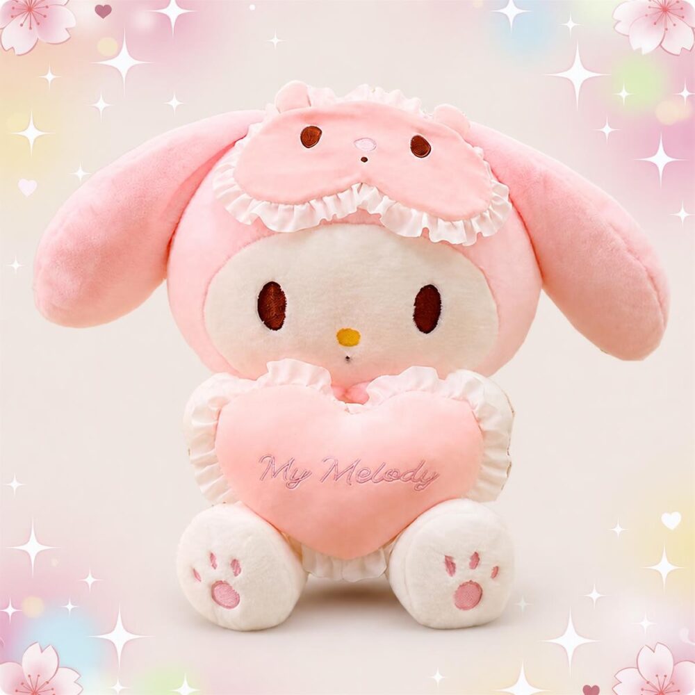 Une peluche My Melody portant un coeur à froufrou, rose et blanche, avec de longues oreilles tombantes, assise et tenant un gros cœur doux sur un fond pastel avec des étoiles brillantes.