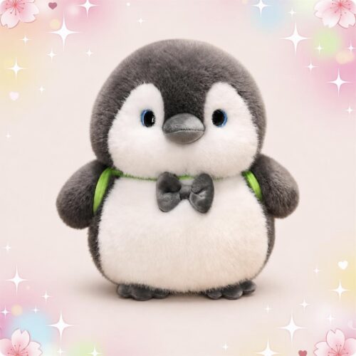 Une peluche pingouin portant un noeud papillon et un sac à dos, avec un ventre blanc tout doux, sur un fond rose décoré de cœurs et d’étoiles.