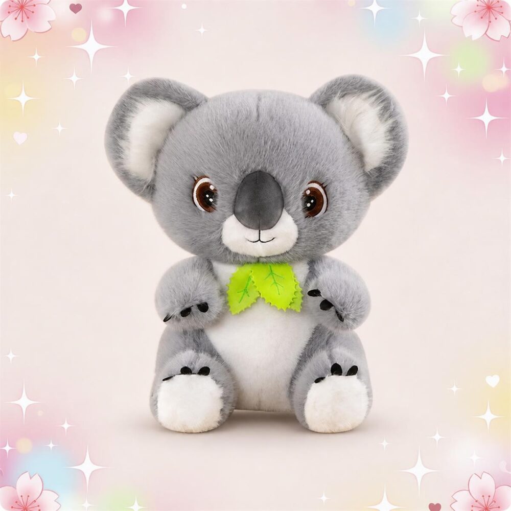 Une peluche Koala gris avec feuille verte au cou, assise toute douce avec de grands yeux, sur un fond pastel avec des étoiles et des fleurs.