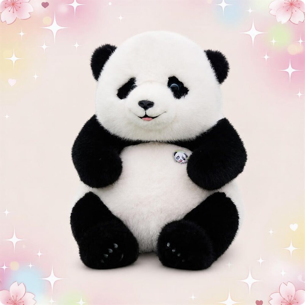 Une Peluche Panda grande et douce de style réaliste, assise avec son ventre blanc, ses pattes noires et un petit sourire, sur un fond rose pastel décoré d’étoiles et de cœurs.