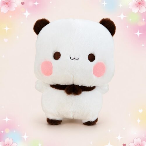 Une peluche Panda mignonne au style animaux chibi, blanche et ronde, avec petites oreilles brunes, joues roses et fond pastel avec étoiles et fleurs.