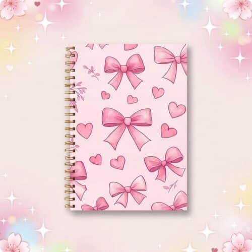 Un carnet kawaii à spirales noeuds roses et coeurs rose, avec une couverture décorée de grands nœuds et de petits cœurs, posé sur un fond doux et scintillant.