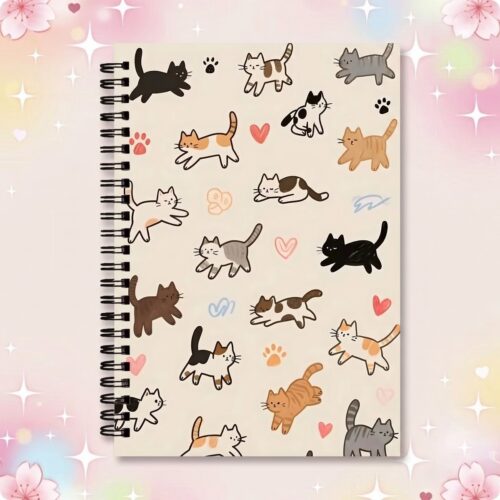 Un carnet à spirale chats mignons avec une couverture crème décorée de petits chats dessinés, de cœurs et de pattes, posé sur un fond rose pastel scintillant.