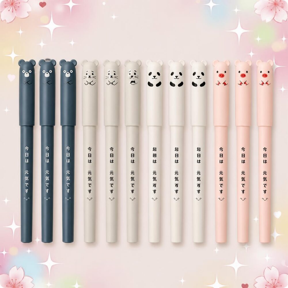 Un lot de 12 Stylo Kawaii gel effaçable à tête animale, avec des petits animaux mignons en bleu, blanc et rose alignés sur un fond rose doux.