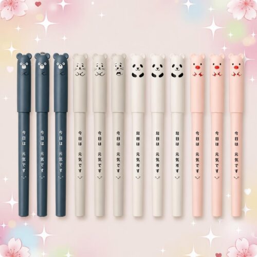 Un lot de 12 Stylo Kawaii gel effaçable à tête animale, avec des petits animaux mignons en bleu, blanc et rose alignés sur un fond rose doux.