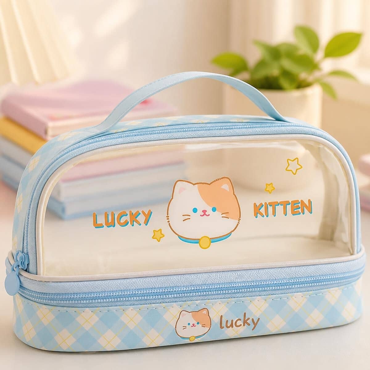 Trousse Kawaii double pochette transparente au chat bleu – Image 2