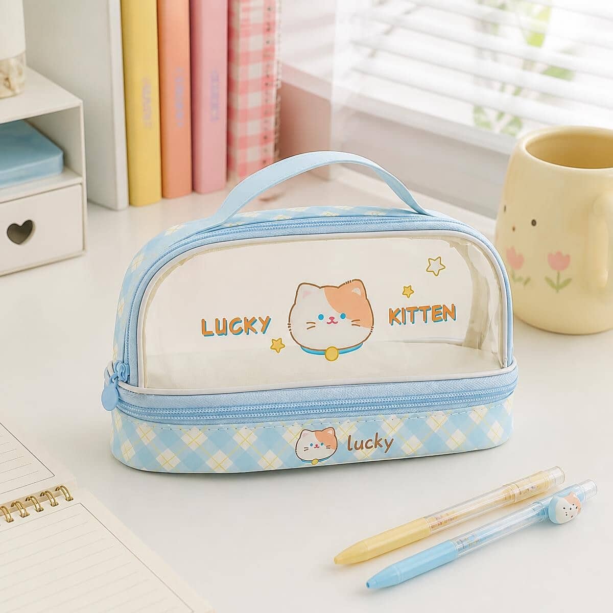 Trousse Kawaii double pochette transparente au chat bleu – Image 3