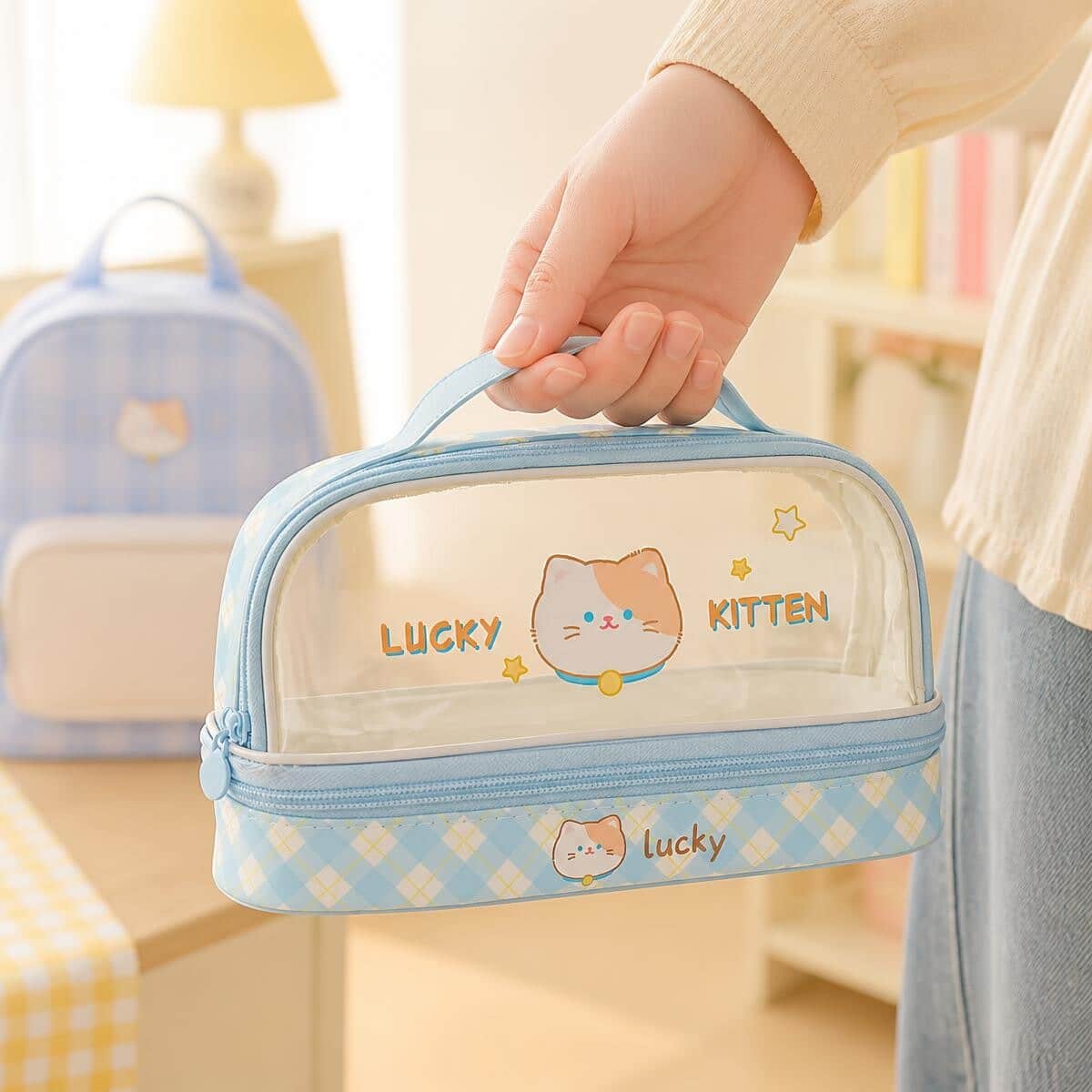 Trousse Kawaii double pochette transparente au chat bleu – Image 4