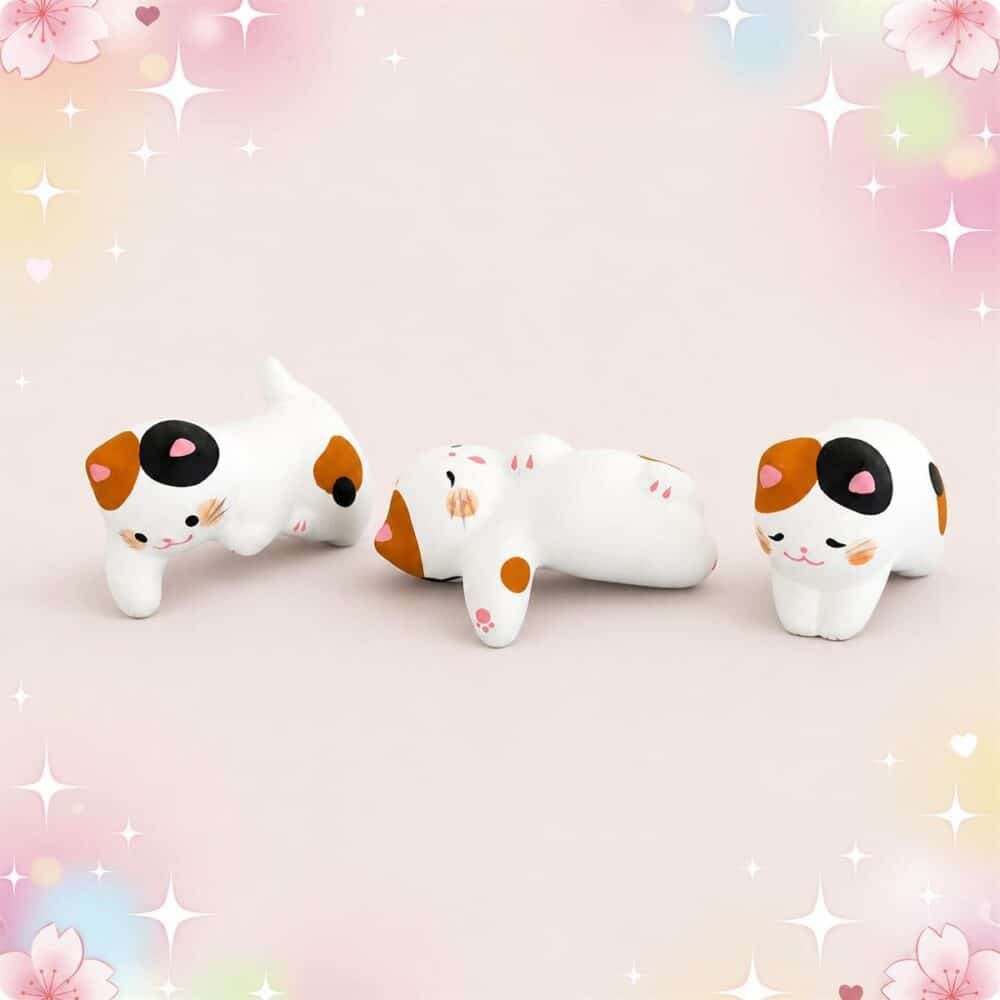 Un lot de 3 figurines kawaii chats en résine, trois petits chats blancs et tachetés posés sur un fond rose doux avec des étoiles et des fleurs.