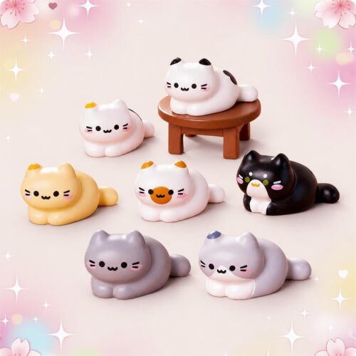 Lot de 8 petites figurines kawaii chats, en forme de petits chats assis de différentes couleurs, posées sur un fond rose doux avec des étoiles brillantes.