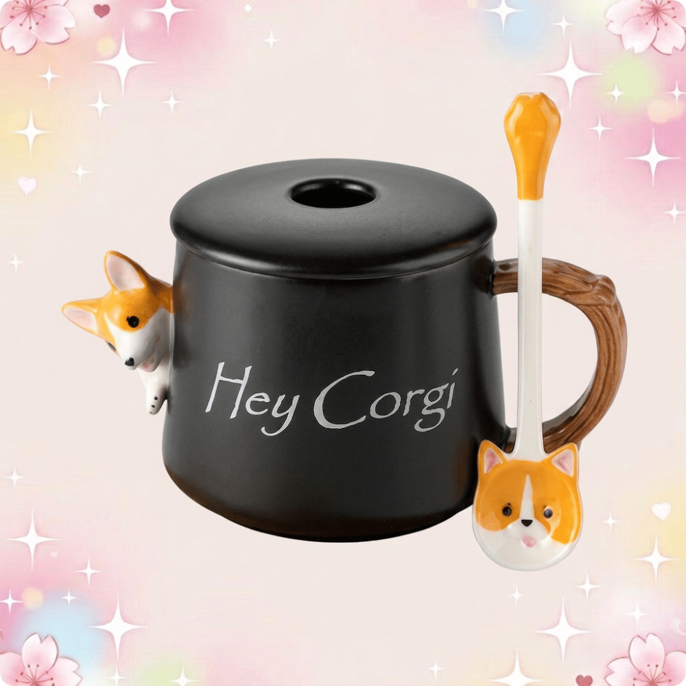 Un mug kawaii en céramique motif corgi avec cuillère noir, avec une tête de corgi qui dépasse et une cuillère décorée d’un visage de chien, sur fond pastel brillant.