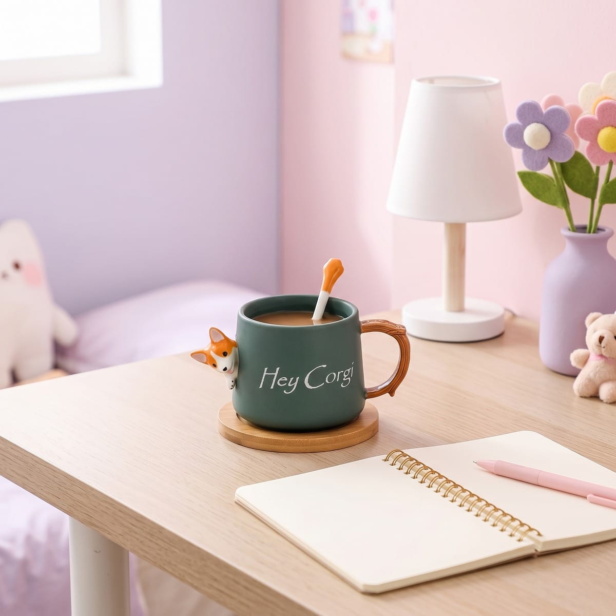 Mug kawaii en céramique motif corgi avec cuillère – Image 2