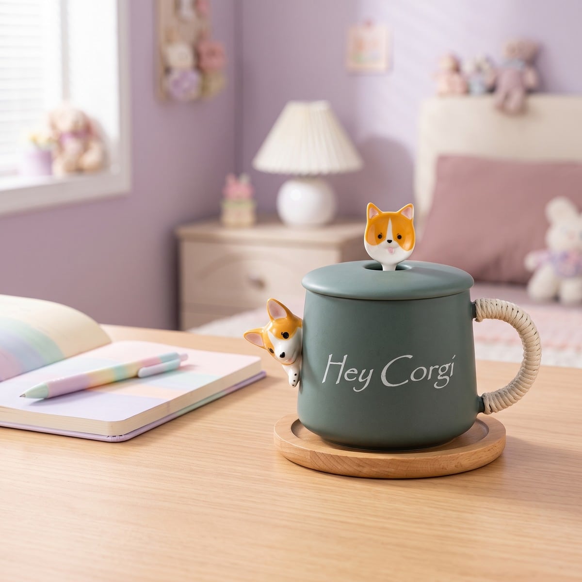 Mug kawaii en céramique motif corgi avec cuillère – Image 3