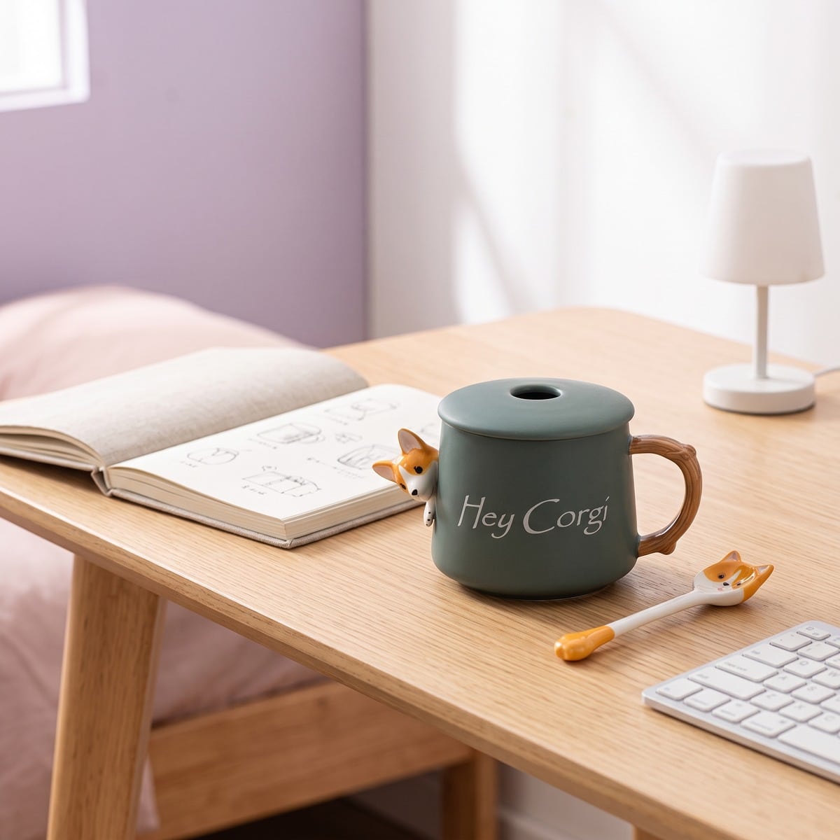Mug kawaii en céramique motif corgi avec cuillère – Image 4