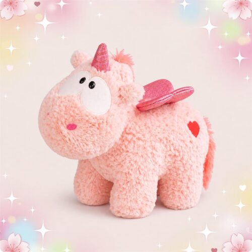 Une peluche licorne fluffy rose toute douce avec des ailes brillantes et un petit cœur rouge sur le côté, posée sur un fond pastel décoré d’étoiles et de fleurs.