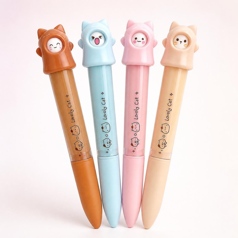 Quatre stylo Kawaii chat avec un mécanisme rotatif, aux couleurs pastel, avec des petits visages de chats sur le capuchon, alignés sur un fond blanc.
