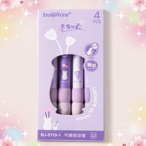 Un lot de 4 Stylo Kawaii au design pastel pour usage quotidien dans une boîte violette, avec des stylos visibles aux couleurs douces et un style mignon.