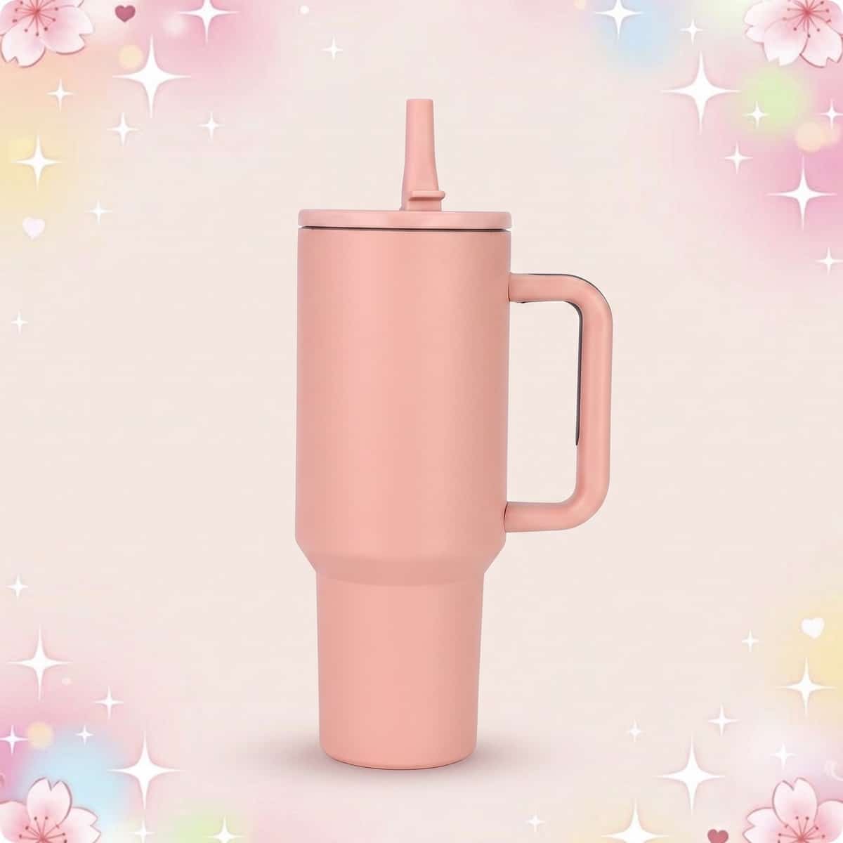 Une gourde kawaii façon tasse thermos coloris pastel rose, avec poignée et paille, sur un fond doux décoré de petites étoiles et fleurs.