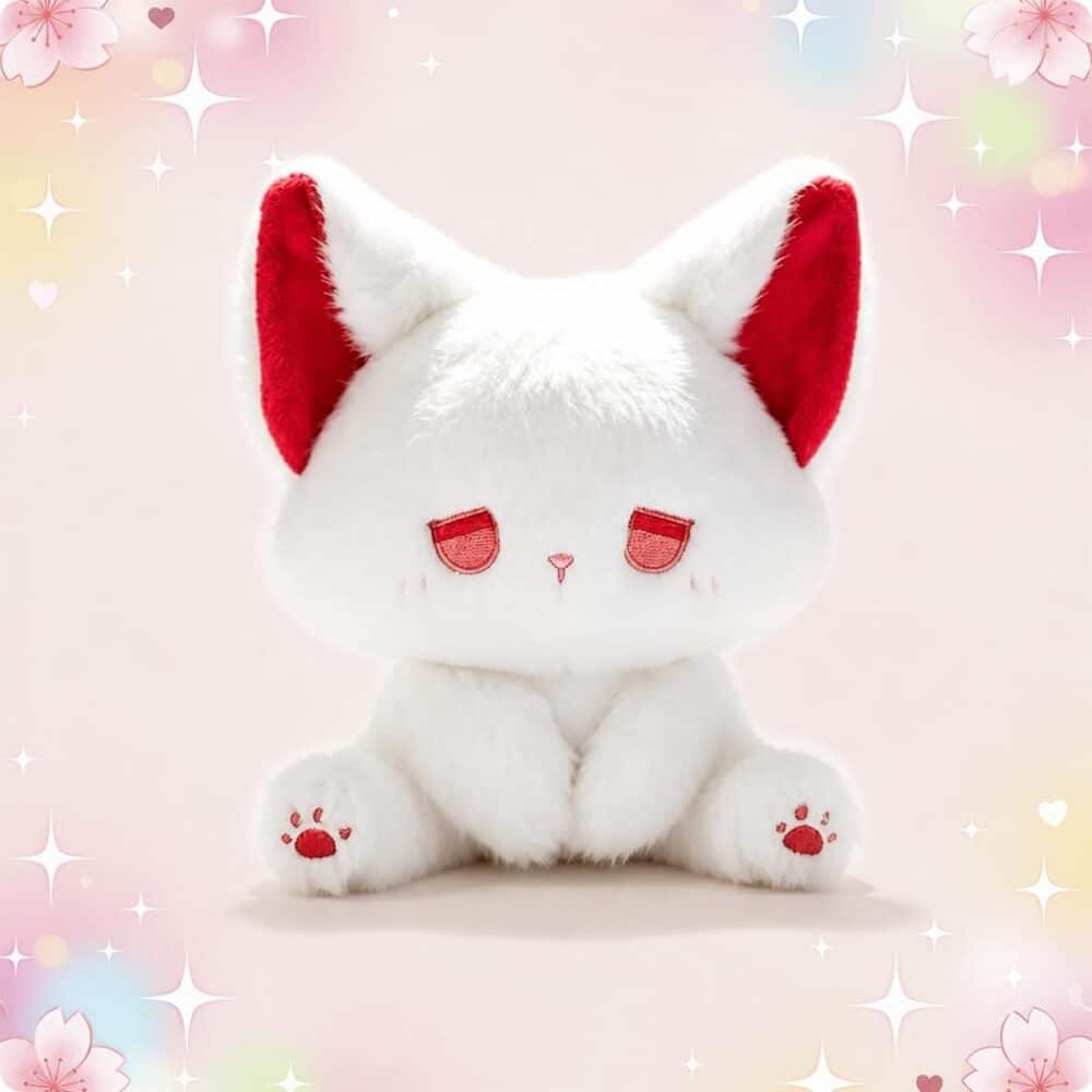 Une peluche animal kawaii renard à la mine triste toute douce, avec de grandes oreilles rouges et un petit visage triste, posée sur un fond rose décoré d’étoiles et de cœurs.