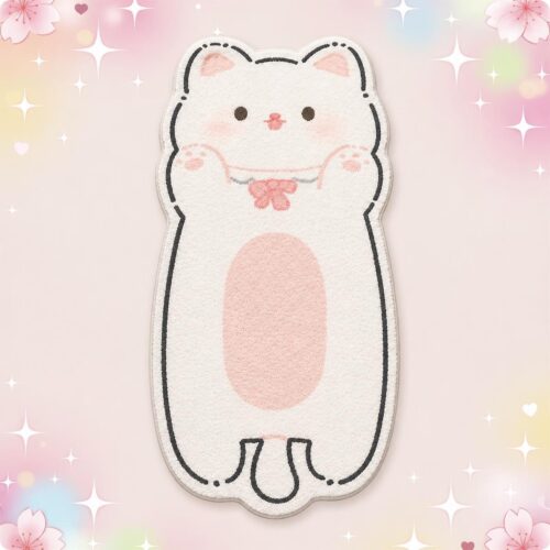 Un tapis kawaii chat allongé sur le dos en forme de petit chat blanc et rose, avec des joues rondes et un ventre tout doux, sur un fond pastel rempli de petites étoiles et fleurs.