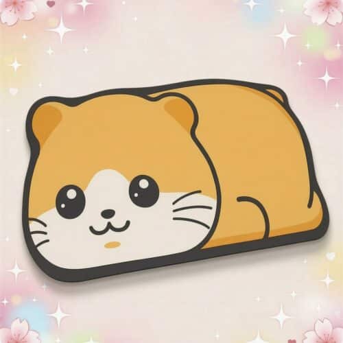 Un tapis de salle de bain kawaii et absorbant en forme de chat, tout doux, avec un visage de petit chat jaune et blanc sur un fond rose brillant.
