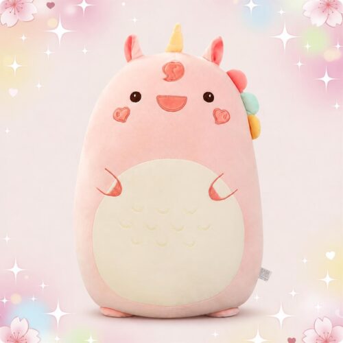 Une peluche animal kawaii licorne squishmallow rose, toute douce et ronde, avec une petite corne jaune, un visage souriant et un fond pastel avec des étoiles et des cœurs.