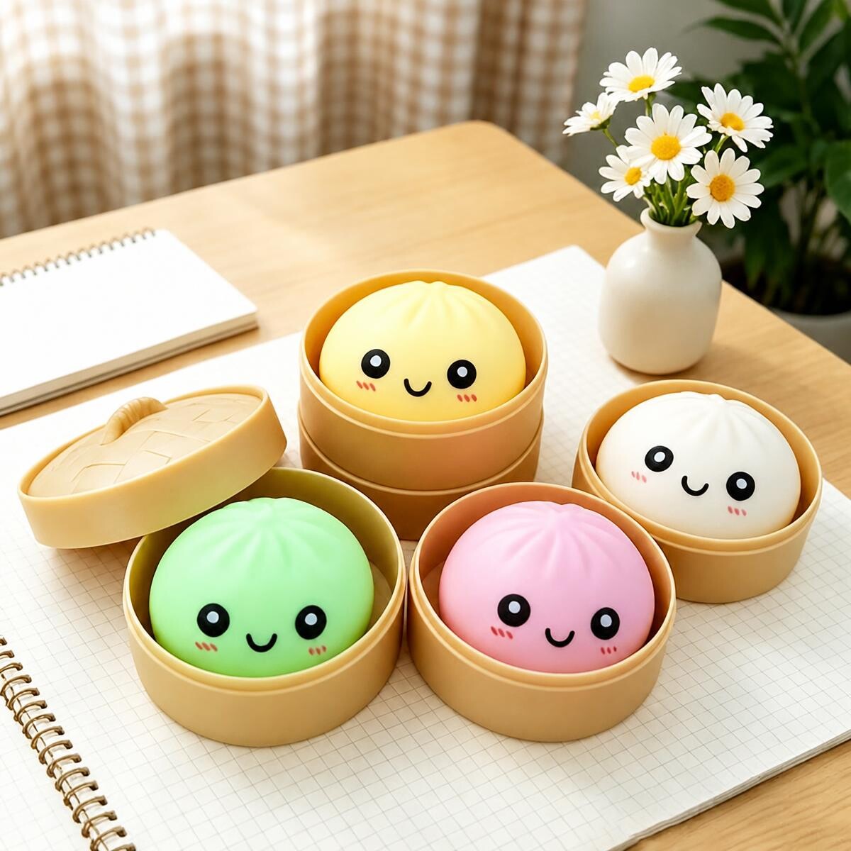 Blind Box bao squishy souriants en panier vapeur – Image 4