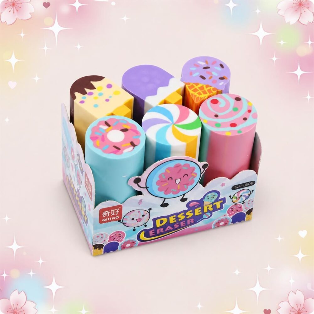 Une boîte de Gomme Kawaii 6 pièces en forme de dessert, avec six gommes colorées ressemblant à des pâtisseries, posées dans un présentoir décoré de petits dessins mignons.