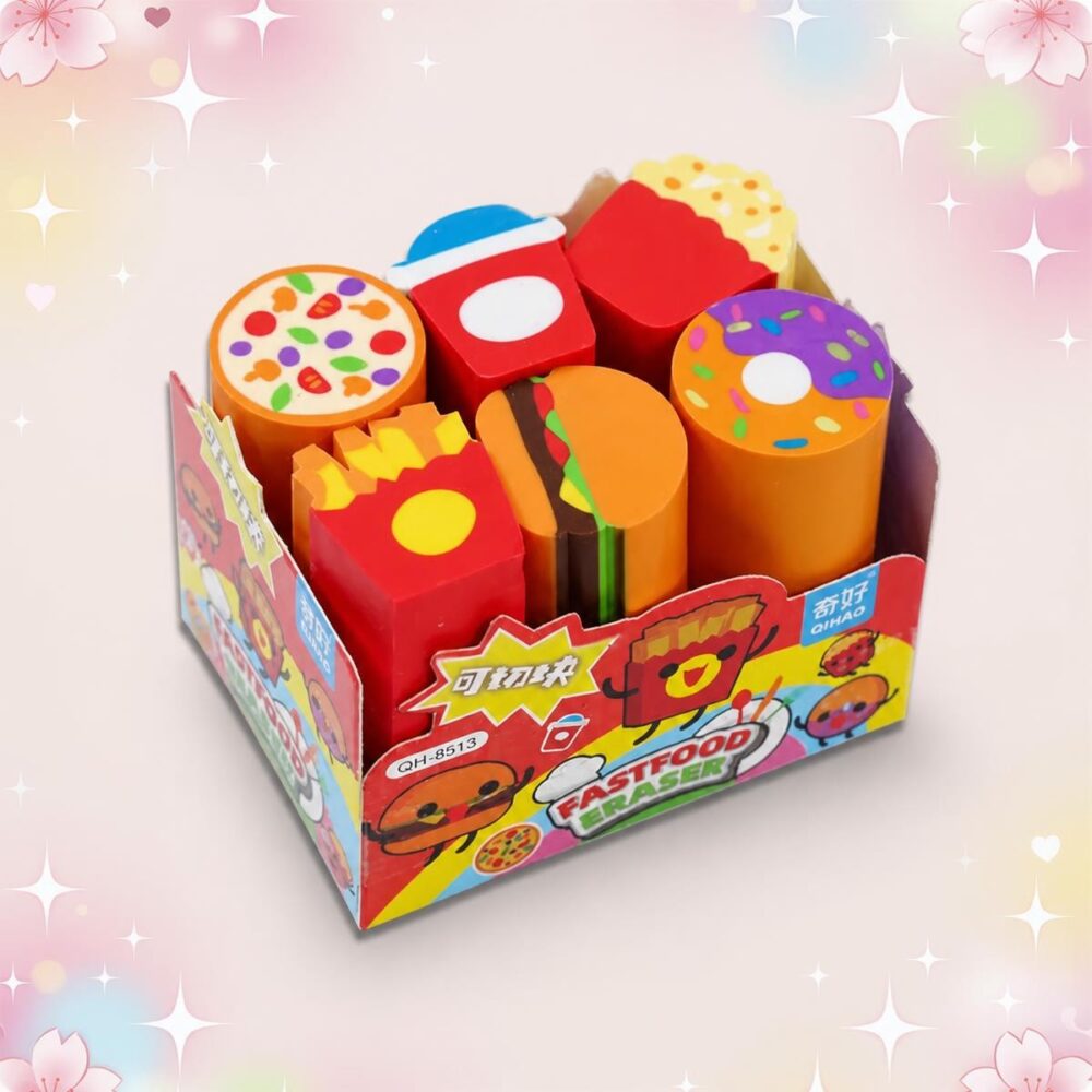 Un lot de Gomme Kawaii 6 pièces en forme de fast-food, avec des gommes colorées qui ressemblent à une pizza, un burger, des frites et d'autres snacks amusants.