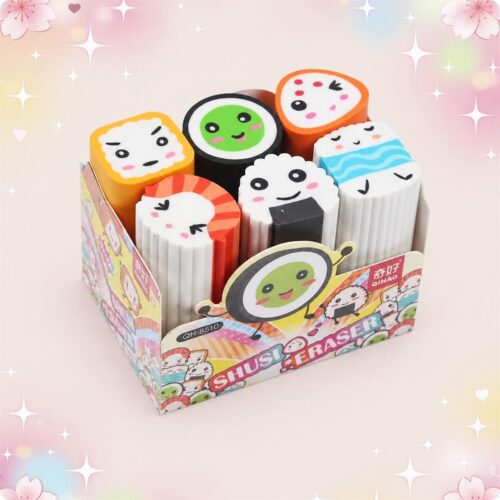 Une boîte de Gomme Kawaii 6 pièces en forme de sushi, avec six gommes colorées et rigolotes aux petits visages, présentées dans un emballage décoré.