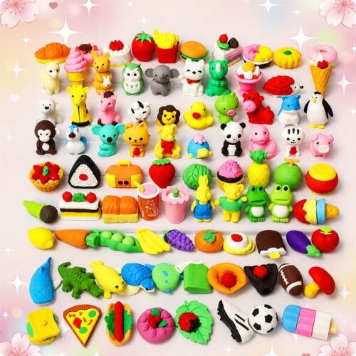 Un assortiment de Gomme Kawaii animaux assortiment 60 pièces en sachet individuel, avec de petites gommes colorées en forme d’animaux, de fruits, de desserts et d’objets, posées sur un fond rose doux.