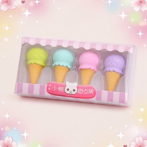 Une boîte de Gomme Kawaii façonnée en cône de crème glacée 3 boites, avec quatre gommes en forme de glaces pastel dans un emballage rose et transparent.