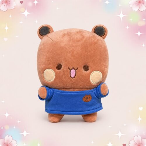 Une peluche Bubu portant un haut bleu simple, avec un petit visage joyeux et un fond pastel décoré de cœurs et d’étoiles.