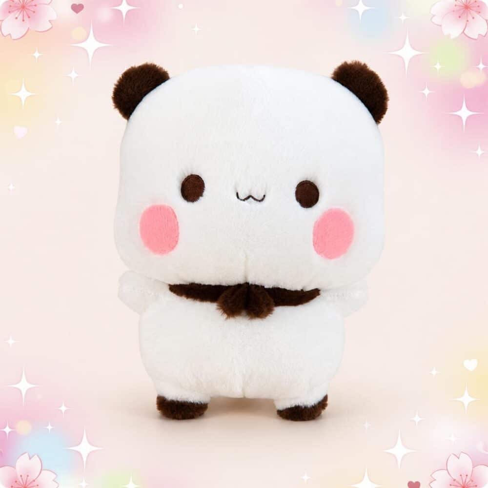 Une peluche Dudu panda blanc à écharpe marron nouée, toute douce, avec des joues roses et un petit sourire, sur un fond pastel avec des étoiles et des cœurs.