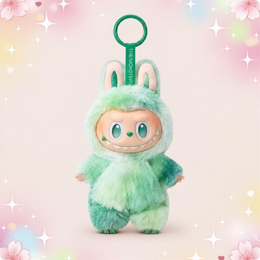 Un porte-clé peluche Labubu coloré vert menthe, en forme de petit monstre tout doux avec grandes oreilles, suspendu à un anneau vert, sur fond pastel décoré d’étoiles et de cœurs.