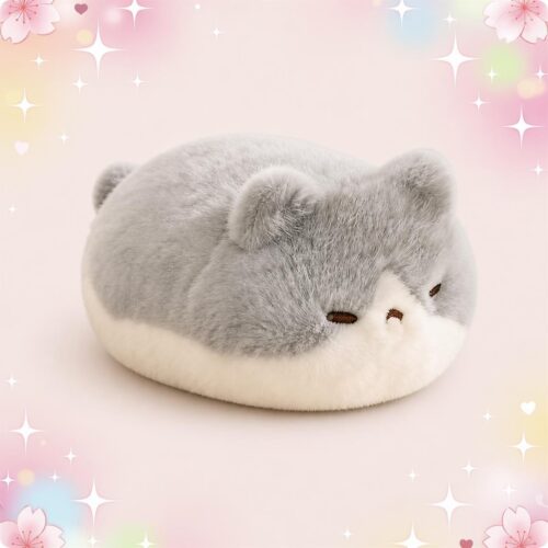 Une mini peluche chat gris et blanc allongé, toute douce, en forme de petit chat endormi sur un fond rose décoré d’étoiles et de fleurs.