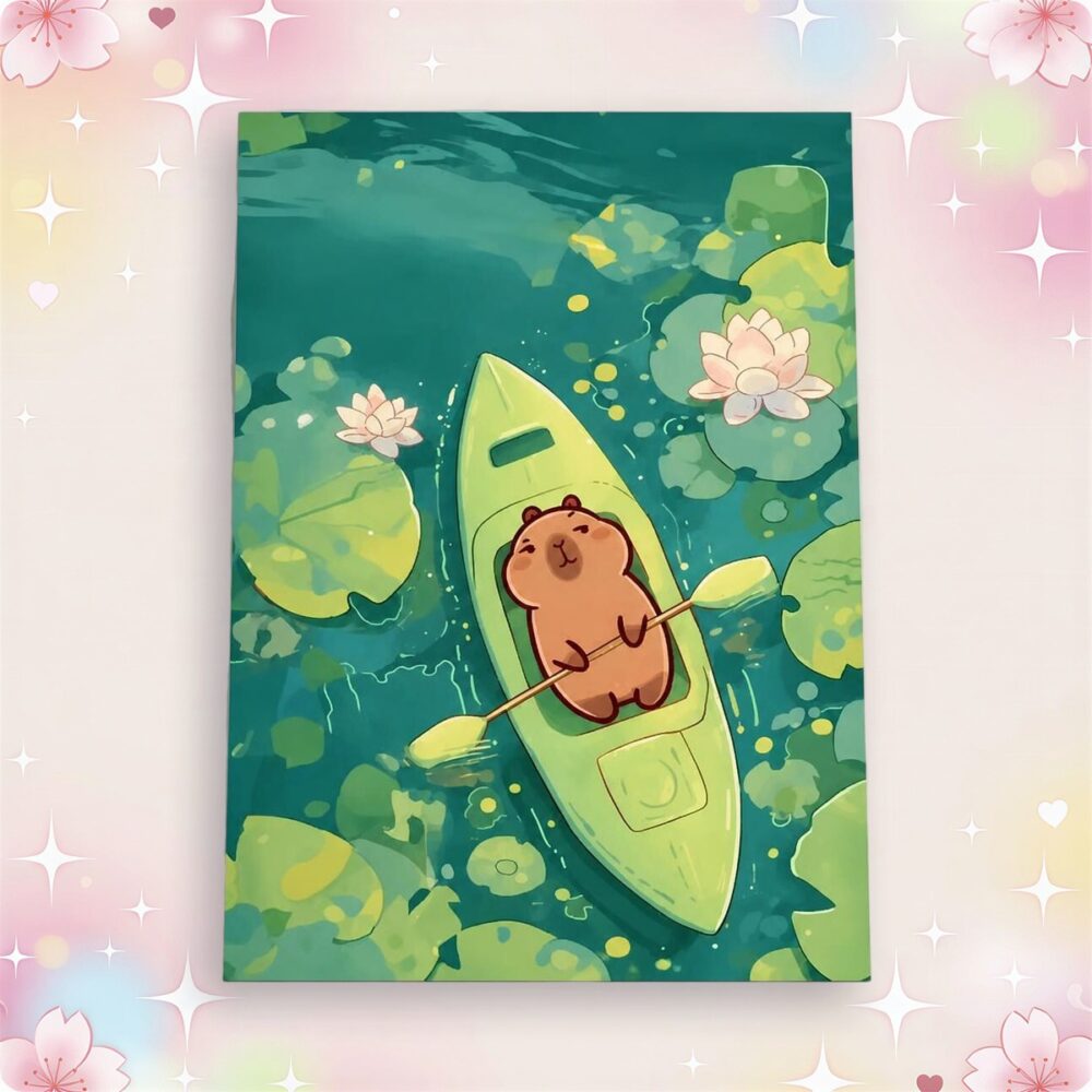 Un poster kawaii capibara sur une barque montrant un petit capybara qui rame sur l’eau parmi des nénuphars verts et des fleurs, dans un style doux et mignon.