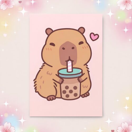 Poster kawaii capibara buvant un bubble tea