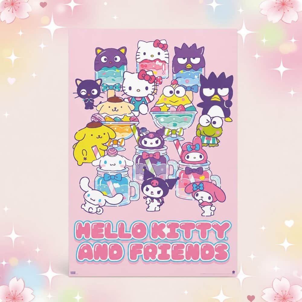 Un poster kawaii Hello Kitty et ses amis rose, avec Hello Kitty et plusieurs personnages mignons, sur fond pastel décoré d’étoiles et de fleurs.