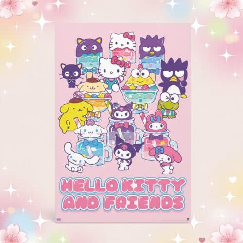 Un poster kawaii Hello Kitty et ses amis rose, avec Hello Kitty et plusieurs personnages mignons, sur fond pastel décoré d’étoiles et de fleurs.