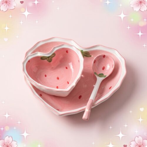 Un ensemble vaisselle kawaii à motif fraise rose en forme de cœur, avec un bol, une assiette et une cuillère assortis sur fond pastel scintillant.